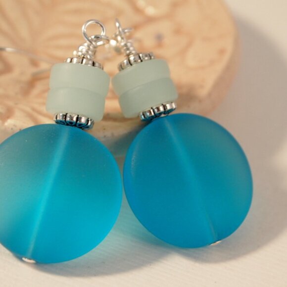 Blue and Green Sea Glass Beaded Dangle Pierced or Clip-on Earrings - Picture 8 of 10
